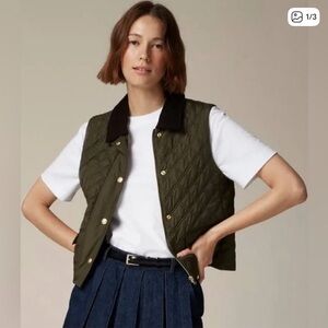 J. Crew Olive Green Quilted Vest with Black Collar